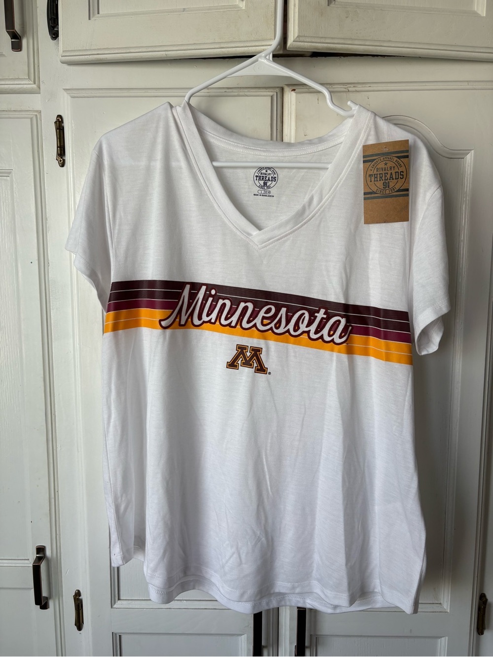 Rivalry Threads White Minnesota V-Neck Tee with Maroon and Gold Stripes
